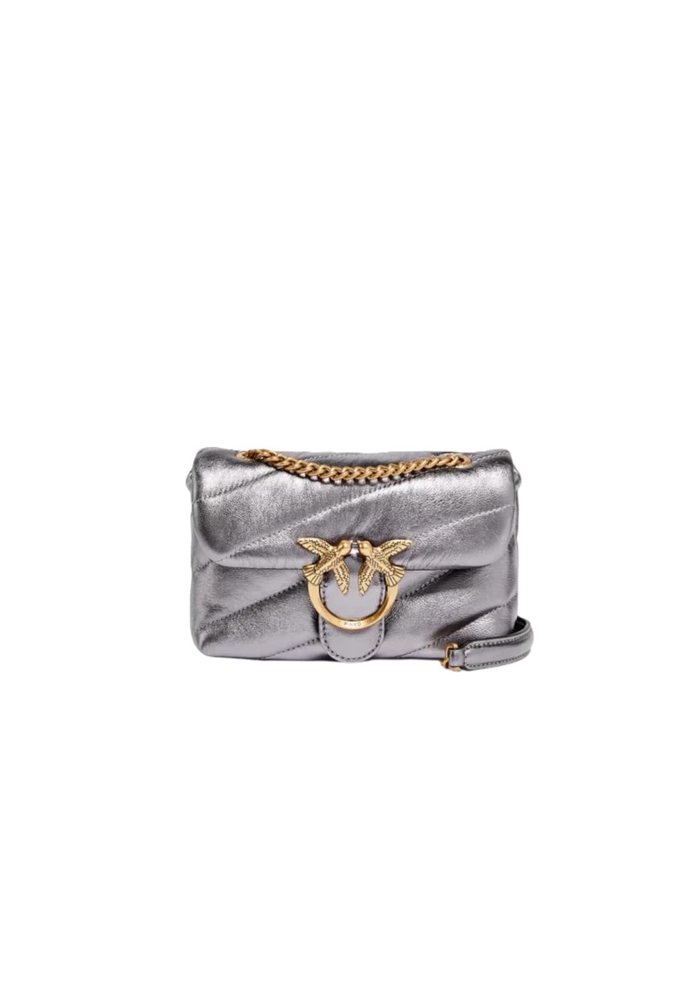 Pinko Love Baby Puff Borsa a Tracolla Trapuntata in Pelle Laminata, Antracite, 18 x 12.5 x 6.5 cm, con Chiusura a Patta e Tracolla Regolabile in Catena