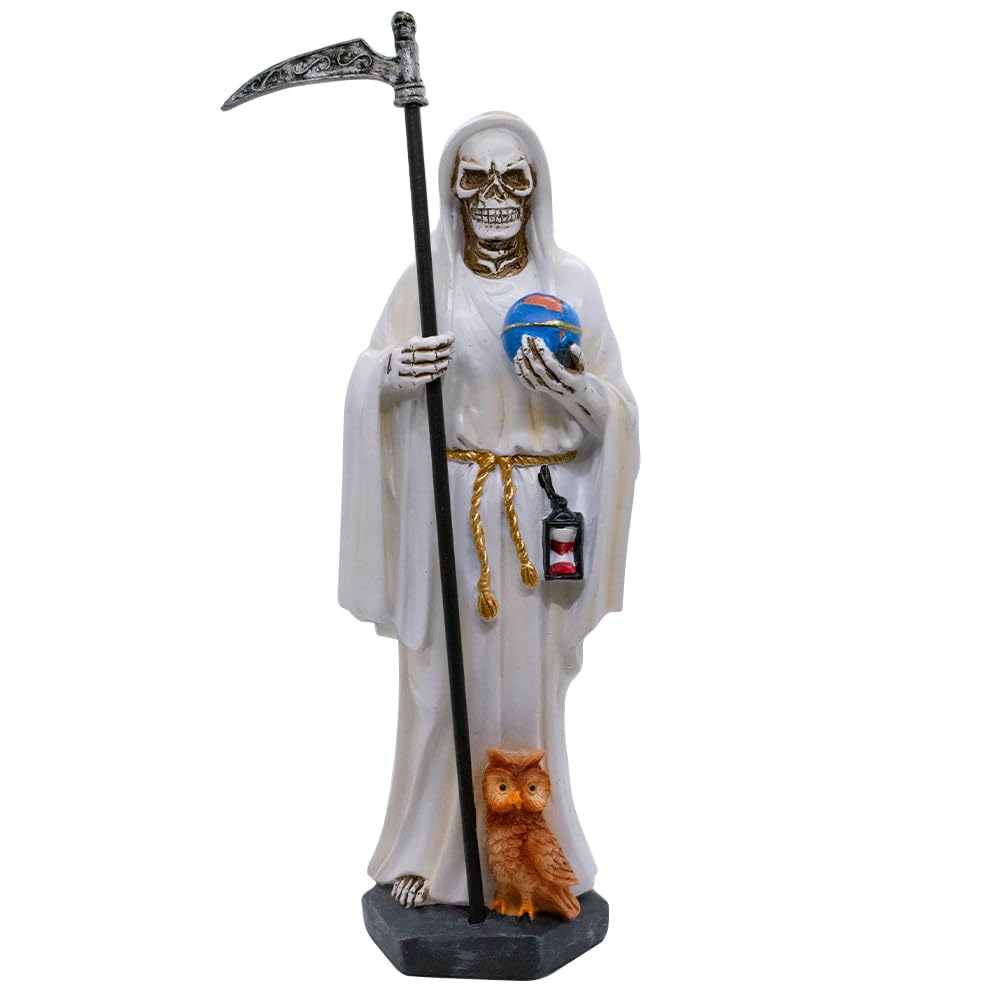 Village Gift Importers White 11.5" Santa Muerte Statue | Our Lady Of A Holy Death | Skeleton Statue Holding A Globe And Scythe With A Brown Owl At Her Feet | Hispanic Catholic Home Décor