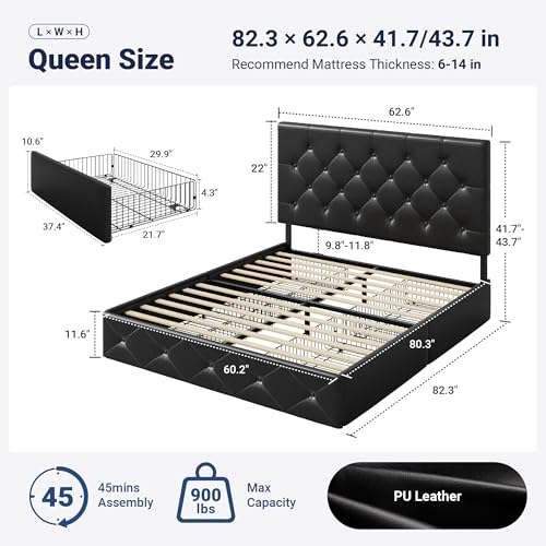 Image of Allewie Upholstered Queen Size Platform Bed Frame with 4 Storage Drawers and Headboard, Diamond Stitched Button Tufted, Mattress Foundation with Wooden Slats Support, No Box Spring Needed, Black