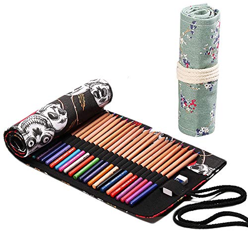 SoundZero 2 Rollos Estuche para lápices de Lona, Rollo de Almacenamiento Plegable de Pencil, Estudiante Enrollable Portalápices bolsa de almacenamiento para el artista, escuela, oficina(48+72 Agujero)