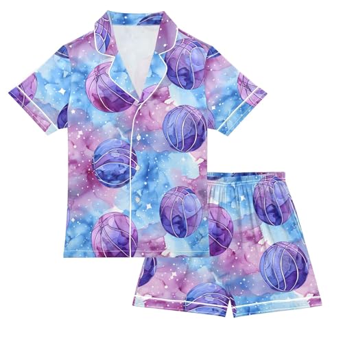 ALAZA Basketball Watercolor Blue Satin Pajamas Set Short Sleeve Button Down Sleepwear Summer Pjs 2 Piece