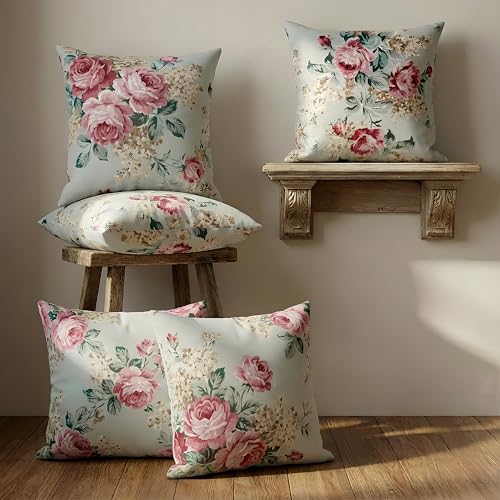 Image of Clasiko Cotton Cushion Covers 20x20 - Set of 5 Decorative Cushion Covers, Vintage Rose, Soft Cotton, Hidden Zip, Sofa & Bedroom Decor