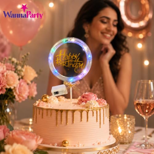 Image of Wanna Party Happy Birthday LED Cake Topper, Transparent Round Cake Decoration with Gold Text, Built-In Light String & Bow for Birthday Party, Cakes,...