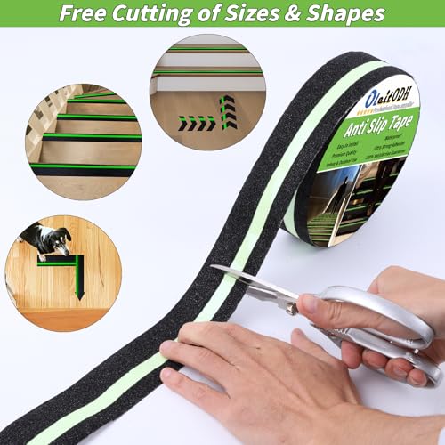 Image of Oleitodh Anti-Slip Traction Tape, 2In x 60Ft, Glow-in-Dark Green Stripe | High traction non-skid surface, waterproof & abrasive. Ideal for stairs, ramps, skateboards. Outdoors & indoors.