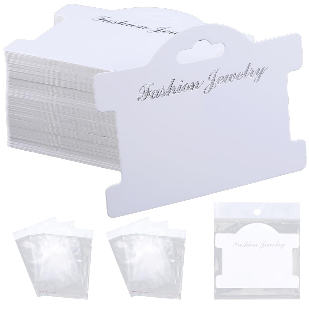 SOFPLATE 100Pcs 3.78 x 2.95 Inch Jewelry Packaging Card Bracelet Display Cards Bracelets Paper Display Board with 5.91 x 3.94 Inch Bags White Cardboard Jewelry Holder for Hanging Necklaces Earrings