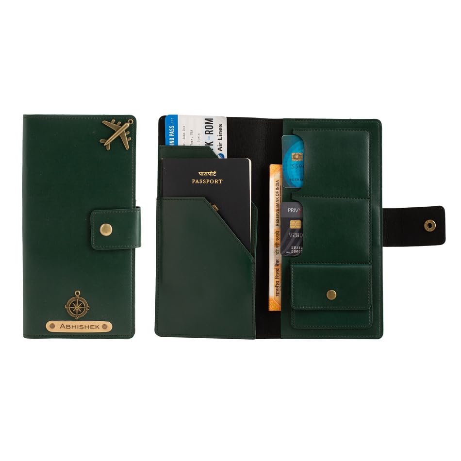 Image of AICA Personalized Name & Charm Long Leather Wallet Passport Cover (Dark Green) with Boarding Pass Currency Card Slot & Coin Holder for Men & Women | Travel Office Trip Gifts for Men Women Friends