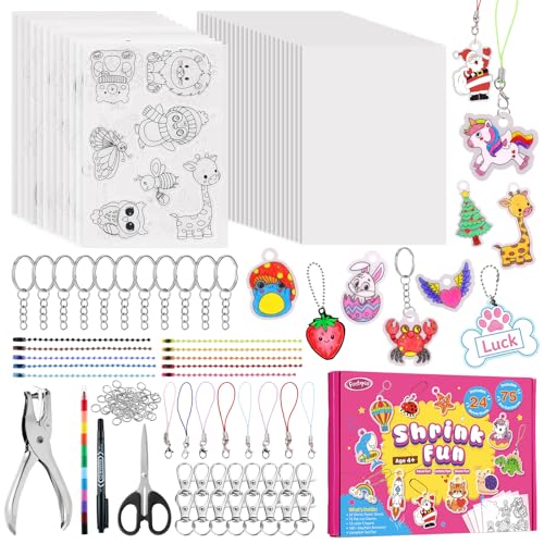 Funtopia 201 Stück Schrumpffolie, Schrumpffolie Set Achlüsselanhänger mit 12 vorgestanzten Platten (75 Motive) & 24 Blanko-Folien, Locher & Zubehör, Kreatives Basteln für Kinder & Erwachsene