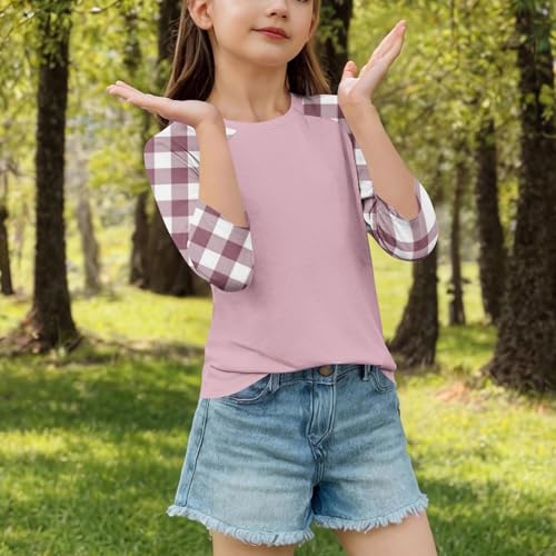 Girls Color Block Raglan T-Shirts Kids Plaid Patchwork Long Sleeve Loose Crewneck Top Tops Basic Casual Tees for 4-15 Years3