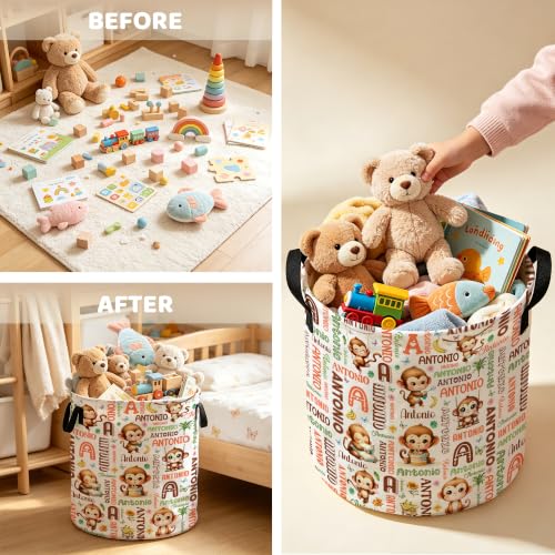 Image of Custom Monkey Laundry Hamper, Personalized Laundry Basket with Name, Customized Dirty Clothes Basket for Clothes Toy Bathroom Bedroom Storage,S-16.5 inchX 13.8 inch