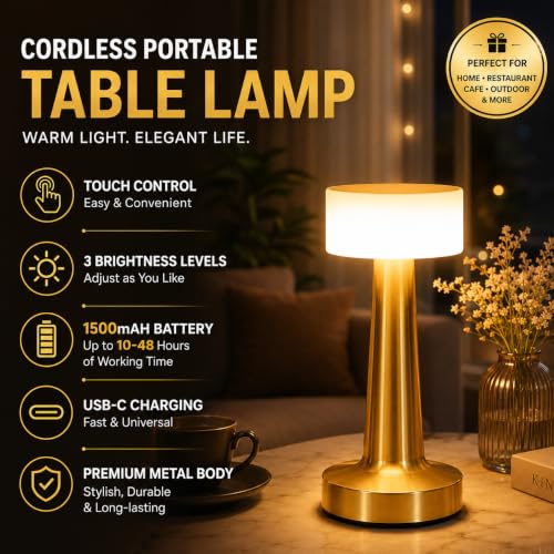 Image of One94Store Table Lamp Type-C Charging 1500mAh Battery,3 Color Dimmable Touch Control Lamp,Lamps for Home Decor and Bedroom, Living Room, Restaurant,Outdoor Use (Retro Metal - Gold)