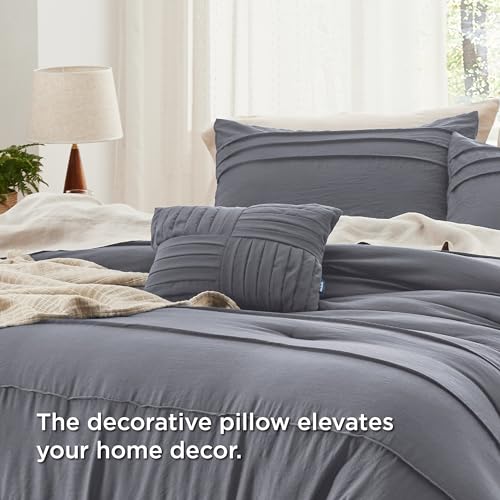 Image of Bedsure King Comforter Set - 4 Pieces Pinch Pleat Bed Set, Dark Grey Boho Bedding for All Season, 1 Soft Comforter, 2 Pillowcases, 1 Decorative Pillow
