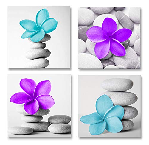 Genius Decor-Modern Wall Art Pictures Flowers and Pebble Stone Zen Canvas Art Teal Purple Grey Decor(Teal Purple)