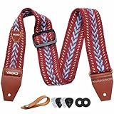 YIKOKO Guitar Strap with Pick Pocket，2 inch Cotton Guitar Straps with Full Grain Leather End, for Bass Electric and Acoustic Guitars, Free Strap Button, 2 Strap Locks and 4 Guitar Picks