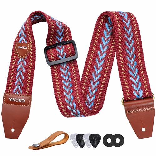 YIKOKO Guitar Strap with Pick Pocket，2 inch Cotton Guitar Straps with Full Grain Leather End, for Bass Electric and Acoustic Guitars, Free Strap Button, 2 Strap Locks and 4 Guitar Picks