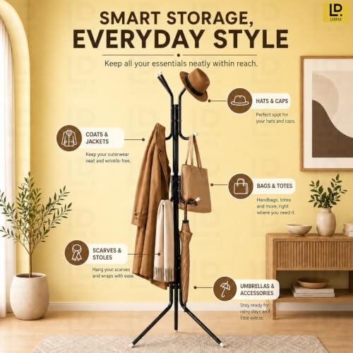 Image of LEOPAX Metal Coat Rack Stand with 12 Hooks, Freestanding Tree Shape Coat Hanger for Clothes, Hats, Bags, Towels & Umbrella, Heavy Duty Floor Standing Clothes Rack for Bedroom & Entryway, Black