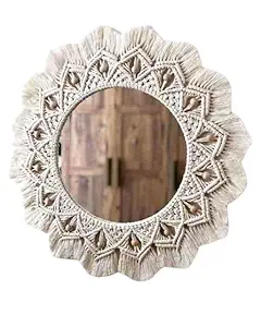 Urooz Macrame Hanging Wall Mirror with Boho Fringes Round Antique| Mirror Frame Room | Bedroom | Dressing Room Decor Mirror White
