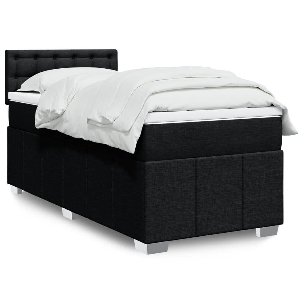 Cama con somier con colchón de 90 x 190 cm en tejido negro, núcleo de muelles ensacados, cabecero de altura ajustable, somier de láminas transpirable y resistente para un sueño reparador