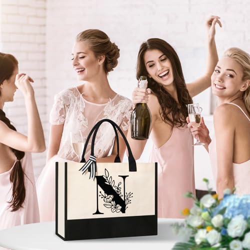 Image of Tecanne Personalized Initial Canvas Tote Bag, Suitable for Birthday, Wedding, Beach, Holiday, Gifts for Women, Mom, Teachers, Nurses, Best Friends, Bridesmaids (N)