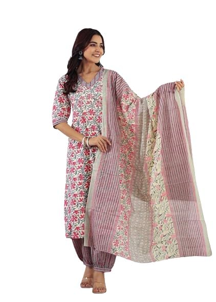 Printed Cotton Kurti Set with Dupatta, Handblock Print, Women's Pink, Aditya Birla