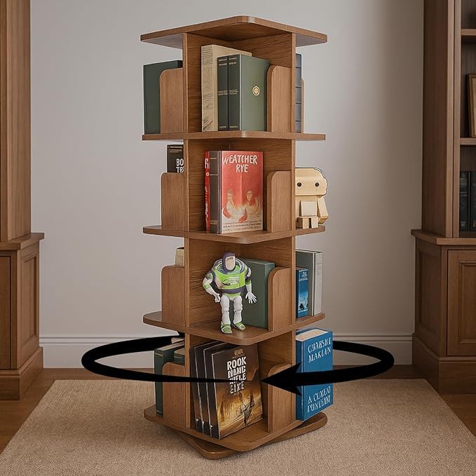 Image of Amazon Brand - Solimo Revolva 360 Rotating Bookshelf I 4 Tier Bookshelf I Wooden Book Stand & Bottom Turnplate for Office, Livingroom, Bedroom I Brown I 38L x 38W x 126H CM I DIY