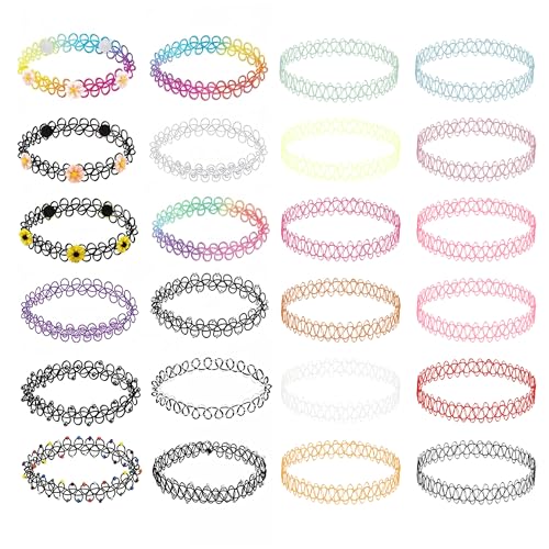 BodyJ4You 24PC Tattoo Choker Necklace - 90s Choker Necklaces Y2K Fashion Trendy Vintage - Daisy Flower Charm Colorful Rainbow Black Goth Pendant - Stretchy Elastic Necklace Summer Gift Set