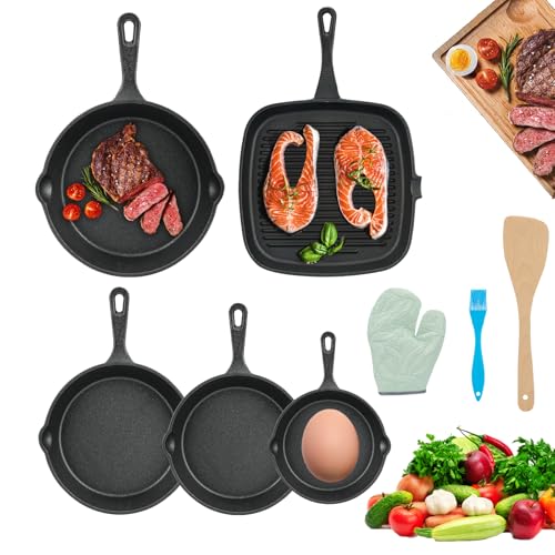 Reviews de Sartenes para freír del mes. 45 Sartenes de Hierro Fundido, Juego de 5 Sartenes, Sartenes Antiadherentes con Espátula y Guantes, Sartén de Hierro Forjado Grill, para Freír, Saltear, Filete, Salmón -...