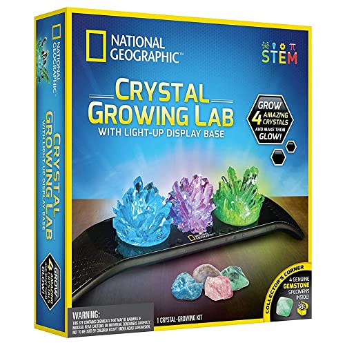 National Geographic Kit de cultivo de cristales para niños, kits educativos de ciencia para niños a partir de 8 años con 3 cristales, 4 piedras preciosas auténticas y base iluminada, regalos STEM para
