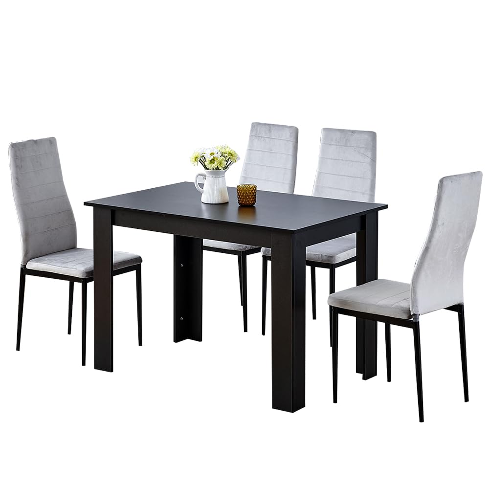 Homullel 5 Piece Dining Room Table and Chairs Set for Dining Room Kitchen, Modern Wooden Dining Table with Chairs for Family Dinner Set (With 4Pcs Grey Velvet Chairs, 110cm Black Table)
