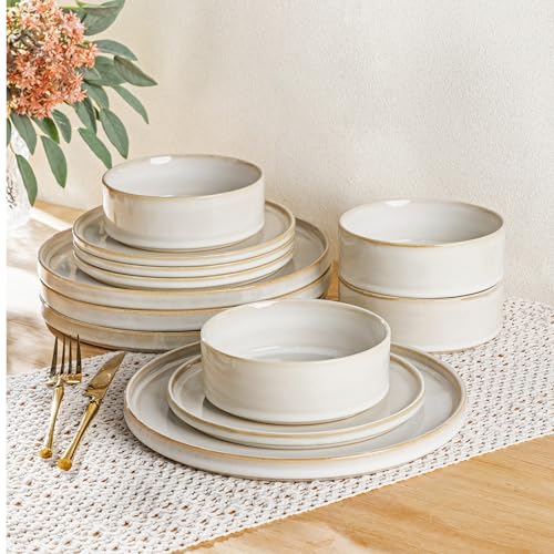 Image of AmorArc Ceramic Dinnerware Sets, Handmade Reactive Glaze Stoneware Plates and Bowls Sets,Highly Chip and Crack Resistant | Dishwasher & Microwave Safe Dishes Set, Service for 4 (12pc)