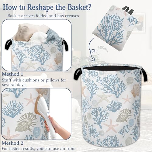 Image of Starfish Coral Shells Laundry Hamper With Handle,Foldable Oxford Cloth Ocean Laundry Basket,20.8 inchx16 inch Clothes Storage Basket for Laundry Room /Bedroom /Bathroom