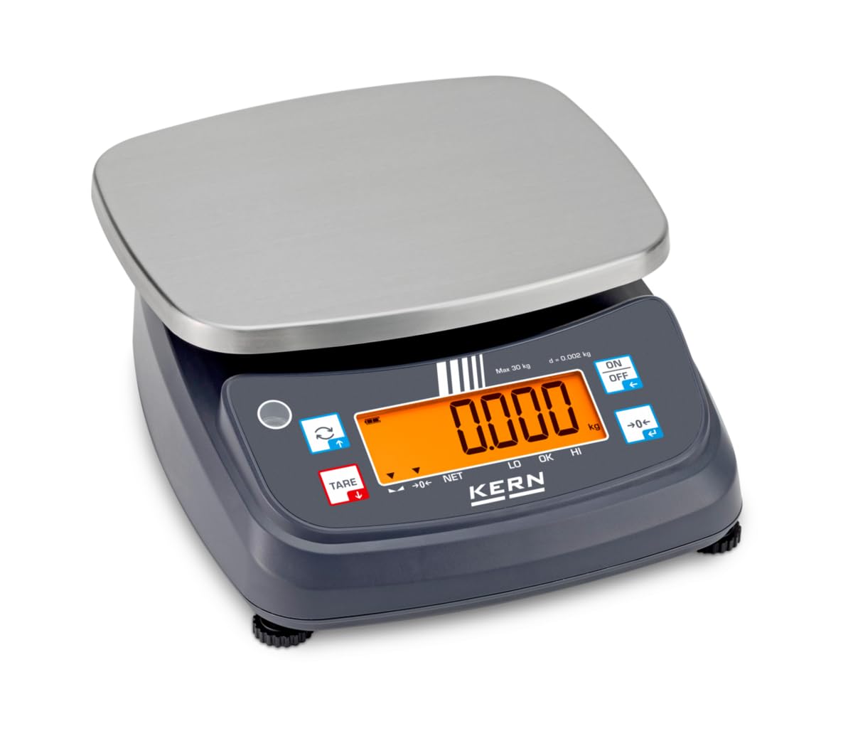 KERN FPB 30K-3 - IP-geschützte Tischwaage mit Checkweighing-Display, Ablesbarkeit [d]: 2 g, Wägebereich [Max]: 30 kg, IP68/IP69K, Farbdisplay für Toleranzwägung, Akku inkl.