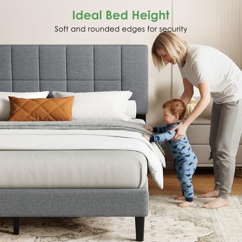 Image of Marsail Full Size Bed Frame with Headboard - Upholstered, Adjustable,6 inch-12 inch Mattress Fit, 1300 lbs Capacity, Sturdy 12-Leg Wood Construction, Easy Assembly, Dark Gray