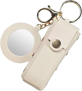 Car Lipstick Organizer Keychain, Portable PU Leather Auto Key Fob Holder with Lip Balm Storage Bag and Mini Mirror, Universal Vehicle Accessories for Women(Beige)