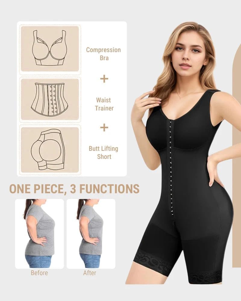 Double Compression Tummy Control Shapewear with Bra Fajas Colombianas Full Body Shaper Butt Lifter Bodysuit Zipper Crotch