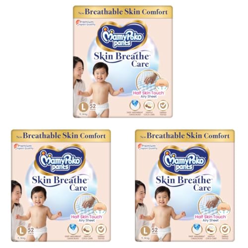 Image of MamyPoko Pants Skin Breathe Care | Baby Diapers Large Size (L) | 52 Count | 9-14Kgs | Half Skin Touch Airy Sheet | 3X Breathable | Derma Tested (Pack of 3)