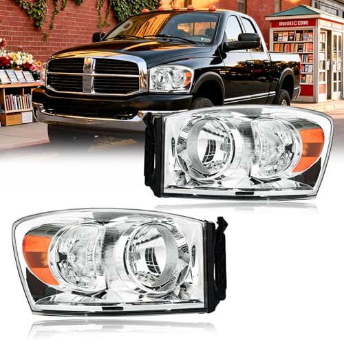 Headlight Assembly, Headlights Replacement Compatible with 2006-2008 Dodge Ram 1500/2006-2009 Ram 2500 3500(Fits Models with Halogen Headlamps Only) Chrome Housing Amber Reflector