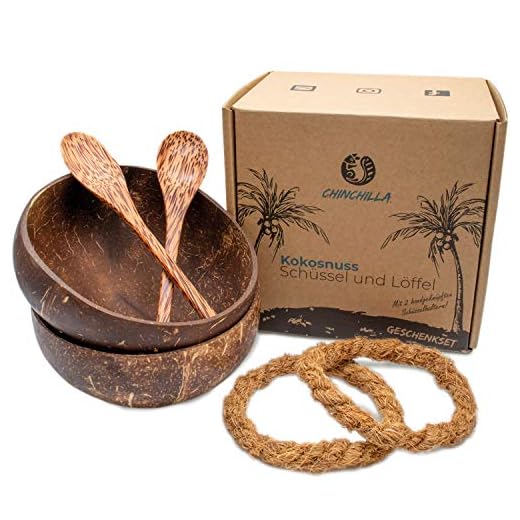 Kokosnuss Schalen | Holzlöffel + Halterung | Schüssel für Bowl