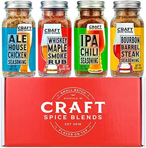 Craft Spice Blends Gift Set (Grilling Seasonings & Rubs, Gifts for Men & Women) - Includes Whiskey Maple Smoke Rub, Ale House Chicken Seasoning, Bourbon Barrel Steak Seasoning, and IPA Chili Seasoning - Gift for Dad or Mom