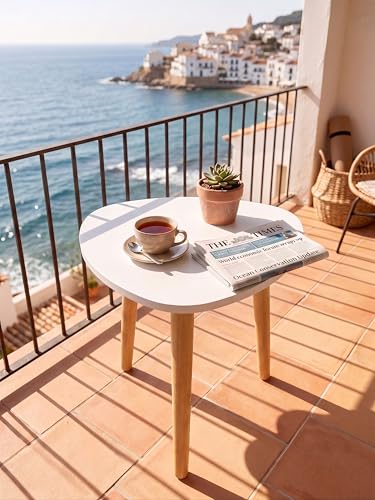 Image of Modern Triangle Side Table with 3 Wooden Legs, Minimalist End Table /Coffee Table for Living Room, Bedside Nightstand for Bedroom, Balcony & Small Spaces
