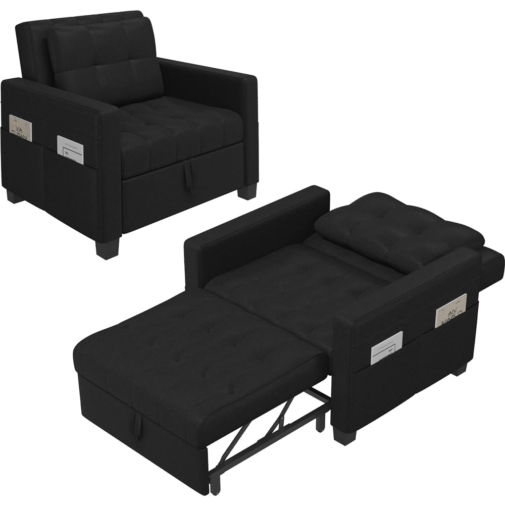 Yaheetech Schlafsessel mit Bettfunktion 3-in-1 Ausziehbares Schlafsofa Umwandelbarer Stuhl Bett Verstellbarer Einzelsessel mit Seitentasche, Liegefläche 190 x 71,5 cm, für kleinen Raum, Schwarz