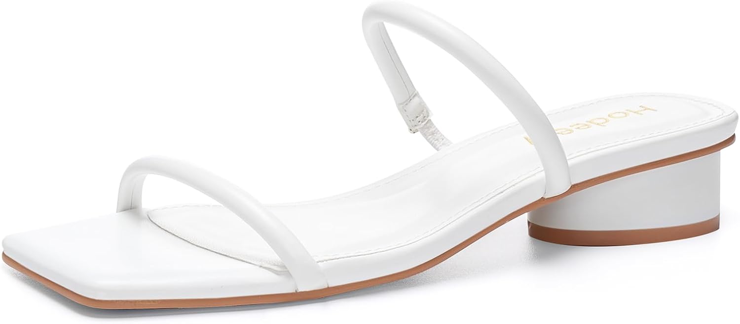 Square Open Toe Chunky Heels for Women Two Strap Low Block Heeled Slip On Short Sandals for Dressy Casual 1.18 inch