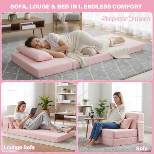 Image of Tiita Convertible Folding Sofa Bed Single Size for Adults with Pillow, Plush Fabric Floor Mattress Couch Bed, Washable Cover & Side Pocket, Guest Room, Dorm, Apartment, Living Room, Pink