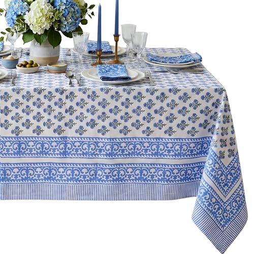 ATOSII Cotton Blockprint Rectangle Table Cloth, Gulbahar Blue, 90" X 60"