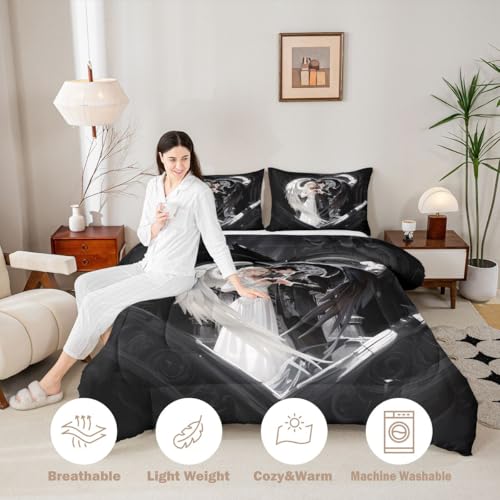 Image of Erosebridal Angel Wings Kids Bedding | Black and White Angel Queen Comforter Sets,Romance Love Comforter Princess Fairy Style Duvet Insert with 2 Pillow Cases