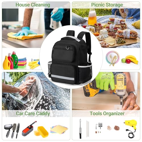 HODRANT Reinigungsrucksack mit Bodenplatte und wasserdichtem Boden, große Reinigungstasche mit mehreren Taschen für Haushaltsutensilien, Reinigungstasche für Zuhause und Auto, nur Tasche