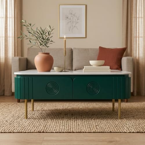 Image of Solid Wood Mandala Center Table with Sintered Stone Top for Living Room |Premium Acrylic Emerald Green | 115 cm (W) x 60 cm (D) x 45 cm (H)