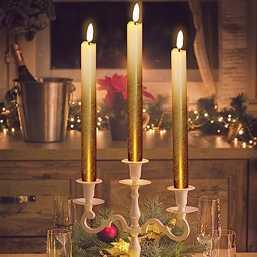 Image of Gold Flameless Taper Candles Battery Operated with Remote Timer Set of 6 Flickering LED Taper Candles Real Wax 3D Wick Real Wax Dinner Wedding Holiday Decor(0.78 inch D x 9.64 inch H)
