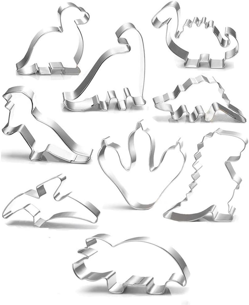 Dinosaur Cookie Cutter Set - 10 Pcs - Brontosaurus,Camarasaurus,Stegosaurus,T-Rex,Triceratops,Pterodactyl and Dinosaur Footprint Cookie Cutter mold for Kids Birthday and Dinosaur Party Supplies Favors