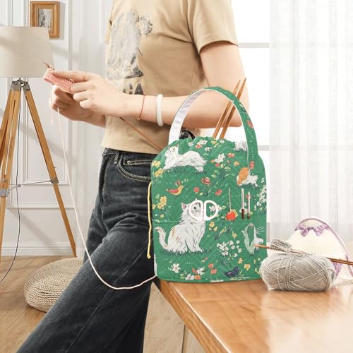 Image of Tatenale Crochet Bag Yarn Bag Knitting Project Bag with Pockets and Handle Portable Yarn Storage Organizer Tangle Free 8.3x11 InchGreen Persian Cat and Hummingbird in Spring39