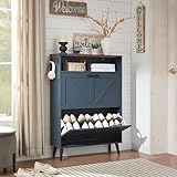 Barnyatoh Shoe Storage Cabinet,Farmhouse Shoe Organizer with 2 Flip Drawers & Barn Door Design,Freestanding Hidden Slim Narrow Shoe Rack Cabinet with Open Storage for Entryway, Foyer,Hallway,Navy Blue